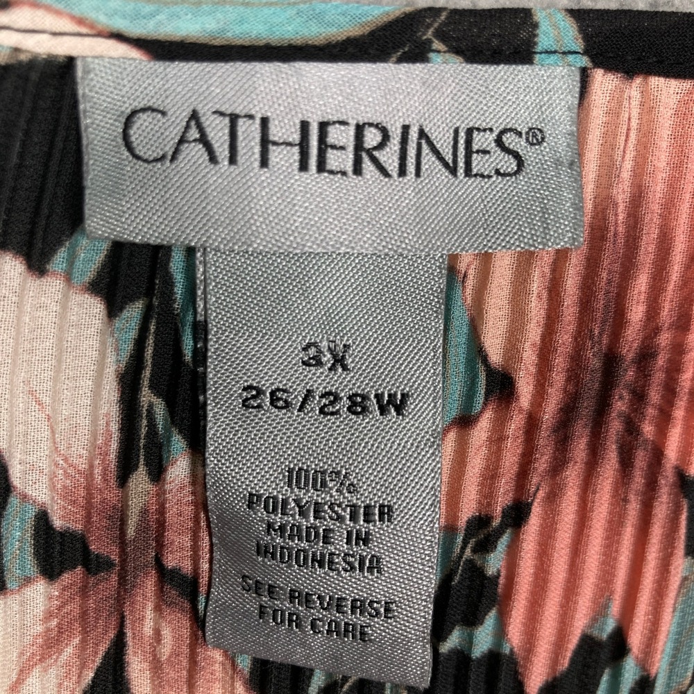 Catherines Floral Tunic Blouse Women 3X Black Peach Pleated Split Flutter Sleeve - Picture 4 of 8